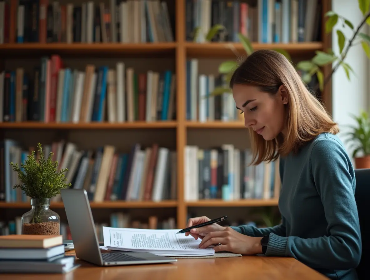 A well-organized library filled with insurance books and resources, with a person engaged in research, emphasizing the importance of education.