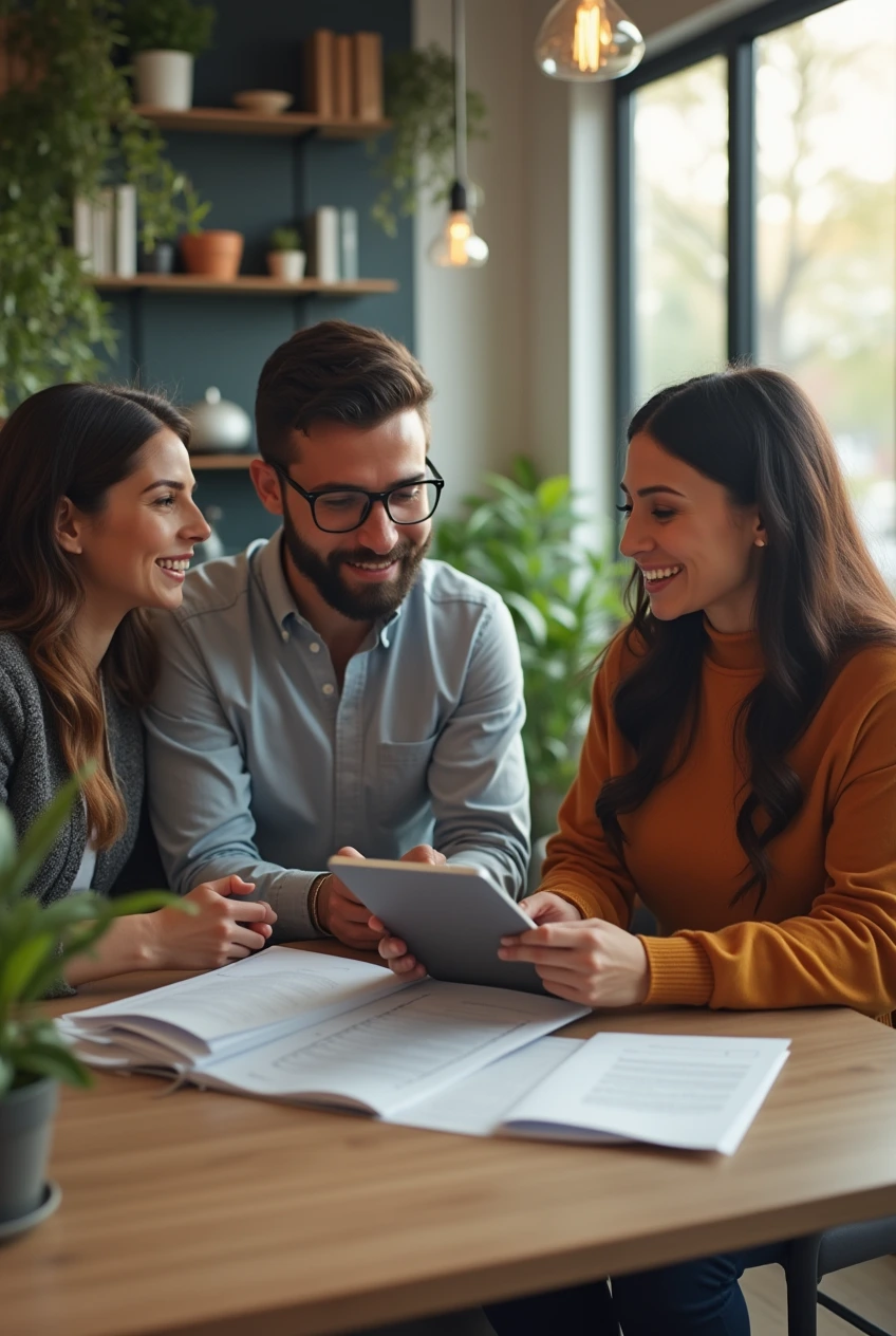 An insurance advisor engaging with a diverse couple in a modern office, discussing insurance options and showing documents on a tablet, symbolizing trust and professionalism